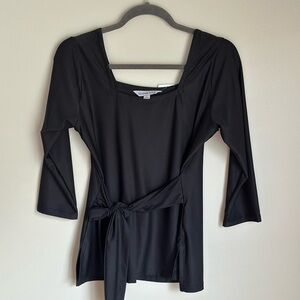 La Mer Luxe Women’s Square Neck Black 3/4 Slv Tie Waist Top Buttery Soft Small